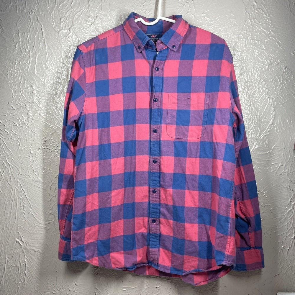 Vineyard Vines Slim Longshore Shirt Pink Blue Cotton Flannel Plaid Mens Medium
